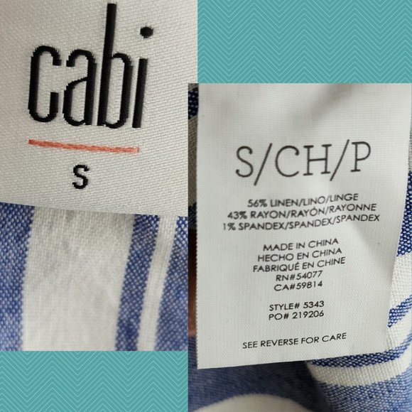 Cabi Blue Striped Linen Blend Puff Sleeve Blouse - Picture 4 of 4